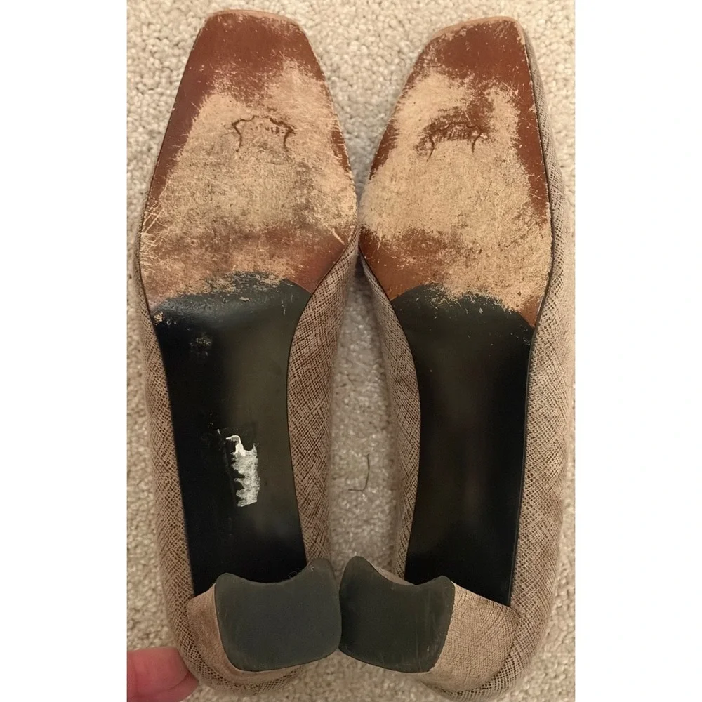 Stuart‎ Weitzman Taupe Metallic Textured Block Heel Pumps Square Toe 8.5 B